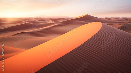 Panorama of sand dunes in the Sahara desert at sunset, Morocco