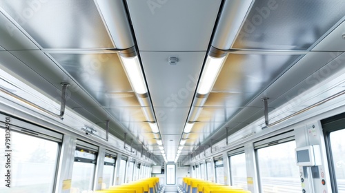 Blank mockup of a train interior with adver covering the ceiling panels. .