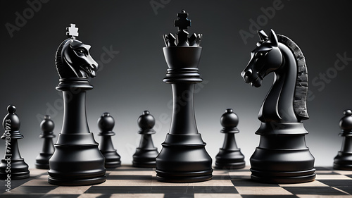 Black two horses chess stands with chess pieces on a chessboard. - Business winner and fight concept. 
