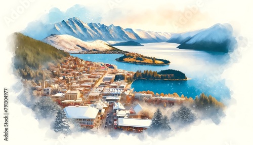 Watercolor painting of Queenstown, New Zealand