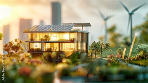 Blurred depiction of an energyefficient building with solar panels and wind turbines in the background highlighting the importance of renewable energy in sustainable building concepts. . photo