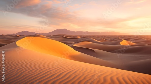 Desert sand dunes at sunset  panoramic view.