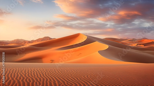 Desert sand dunes panorama at sunset. 3d render