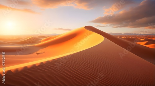 Sunset over sand dunes in the Sahara desert. 3d render © Iman