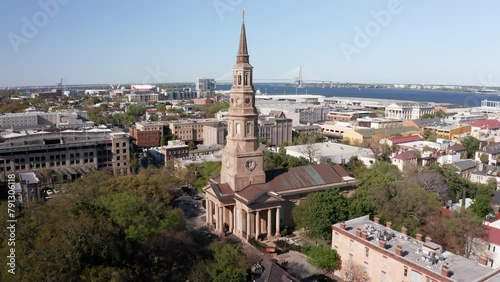 Wide panning aerial shot of Saint Philip's Church in Charleston, South Carolina. 4K photo