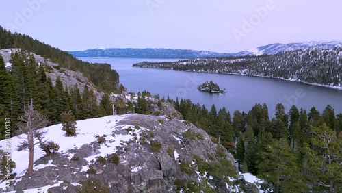 Aerial view of Emerald Bay lookout rock scenic piont in winter, Lake Tahoe, California photo