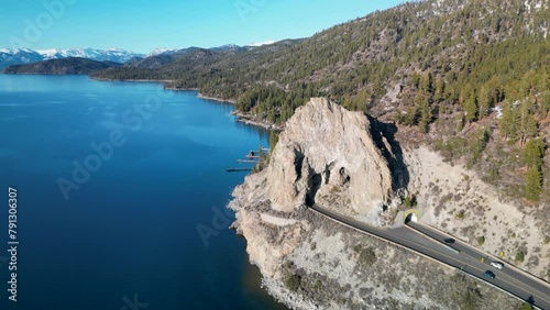 Drone view of Cave Rock roadway along Lake Tahoe coasltine, California photo