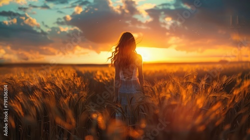 woman in a dress standing in a wheat field during sunset