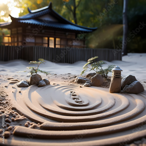 Tranquil zen garden with raked sand. 