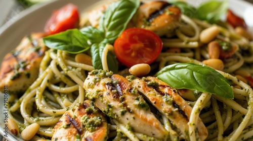 Pasta with pesto sauce and chicken fillet