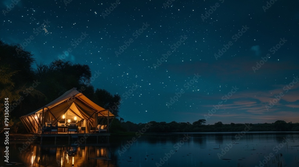 Fototapeta premium A luxurious tent on the edge of a remote lake offering guests an unrivaled view of the night sky and an opportunity to disconnect and recharge in a serene setting. 2d flat cartoon.