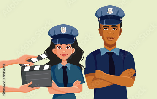 Actors Filming an Action Police Movie Vector Illustration Characters. Thriller tv series with main characters dressed as police force 
