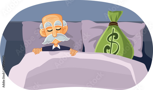 Greedy Old Man Sleeping with a Money Bag Vector Illustration. Senior grandpa winning the lottery holding on to his monetary prize 
 photo