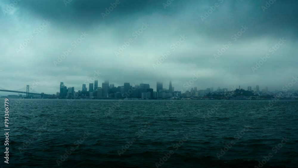 Incredibly dark, ominous, and dramatic aerial shot of the New York City skyline in low clouds and heavy fog.