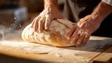 Close-up of a baker scoring a sourdough loaf, with the blade creating a precise ear in the dough, in a professional bakery. 