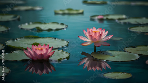 Describe a scene of spiritual beauty where a pink and white lotus rises majestically from radiant turquoise waters  Generative.AI 