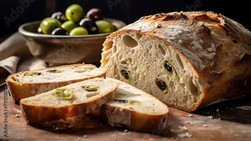 Olive sourdough bread, close-up, with slices revealing the distribution of green olives throughout, on a stone countertop. 