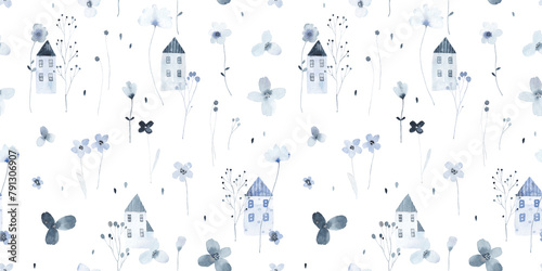 Cute seamless pattern with different wild flowers and cute little houses. Watercolor background for fabric, textile, nursery wallpaper. Meadow with wild flowers. Blue background.