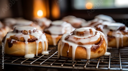 Freshly made gluten-free cinnamon rolls, close-up, with a dripping vanilla glaze, on a wire rack in a cozy kitchen setting.  photo