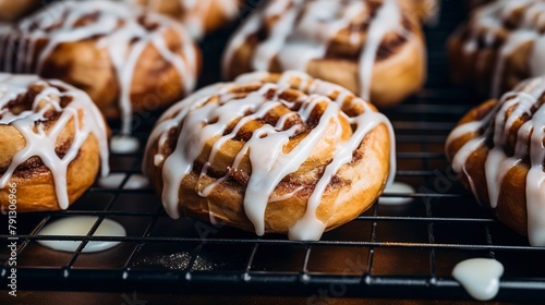 Freshly made gluten-free cinnamon rolls, close-up, with a dripping vanilla glaze, on a wire rack in a cozy kitchen setting.  photo