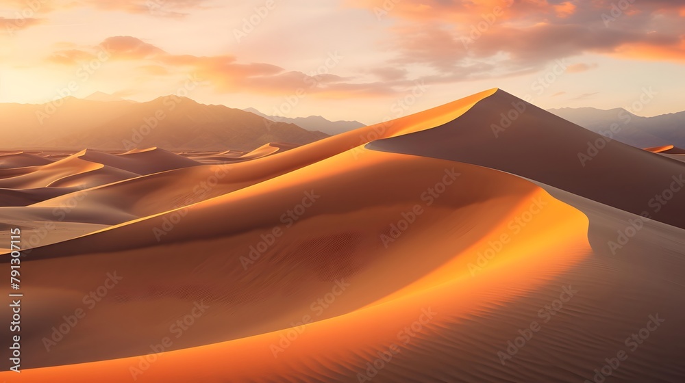 Desert landscape panorama with sand dunes at sunset. 3d rendering