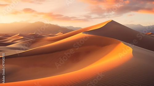 Desert landscape panorama with sand dunes at sunset. 3d rendering