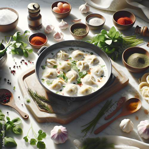 Shish Barak Dumplings Yogurt Stew in Sunlit Kitchen