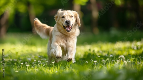 A happy golden retriever running on green grass, showcasing its playful and friendly nature 