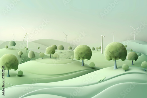 3d rendering of green grass hills with trees and wind turbines © Food gallery