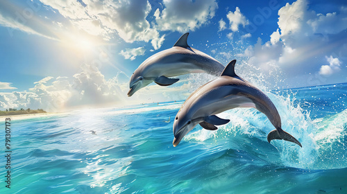 A playful dolphin leaps out of the blue ocean waves  wildlife animal concept.