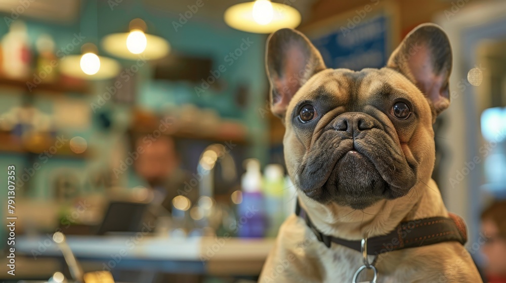 A bulldog puppy sitting on a kitchen background, showcasing its adorable and distinctive appearance in a studio setting The puppy's small size and cute expression highlight its breed-specific 
