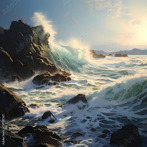 Waves crashing on a rocky shoreline. © Cao