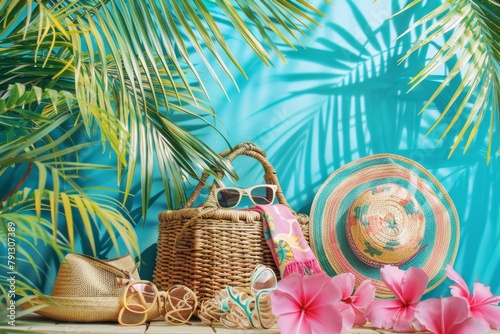 Tourist travel bags on a simple background summer season holiday vacation travelling exploring cultures countries luggage baggage travel agency trip journey tour concept sunbathing beach offshore © Yuliia