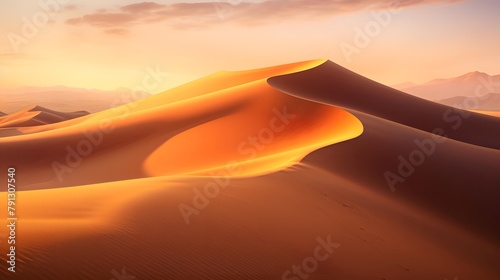 Panorama of sand dunes at sunset in the Sahara desert, Morocco