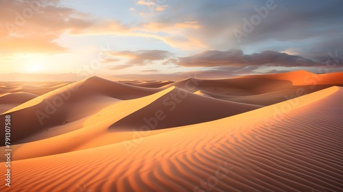 Desert sand dunes panorama at sunset. Natural background.