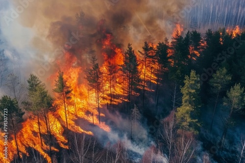 Wildforest fire burning forest trees eecological disaster smoke aerial view from helicopter danger death animals damage hazard blaze pollution tragedy © Yuliia