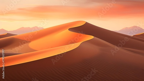 Desert panorama with sand dunes and mountains at sunset. 3d rendering