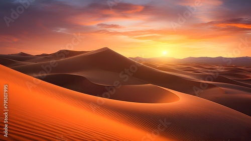 Sand dunes in the desert at sunrise. Panoramic view