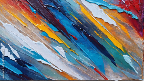 Closeup of abstract rough colourful colours painting texture, with oil brushstroke, pallet knife paint on canvas - Art background illustration. Art concept.