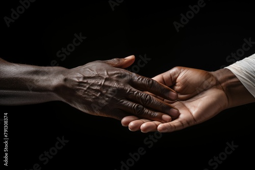 Two hands from different races shaking hands, a closeup of their handshake isolated on a dark background. Generative ai