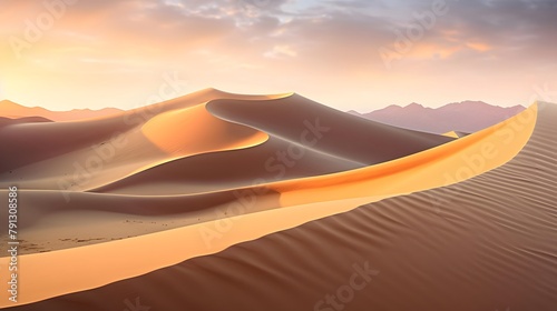 Desert sand dunes panorama at sunset. 3d render
