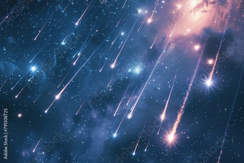 Heavenly sky. Sky of shooting stars, meteor shower, wide format background illustration. Space spectacle.