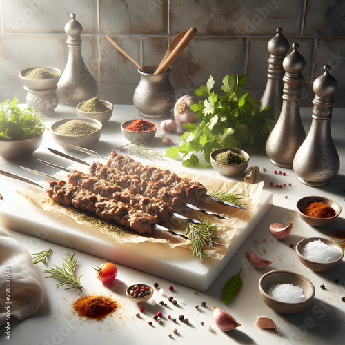 Lyulya Kebab with Sumac on White Marble Counter photo