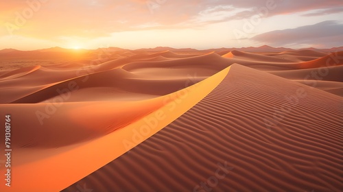 Sunset over sand dunes in the Sahara desert. 3d render