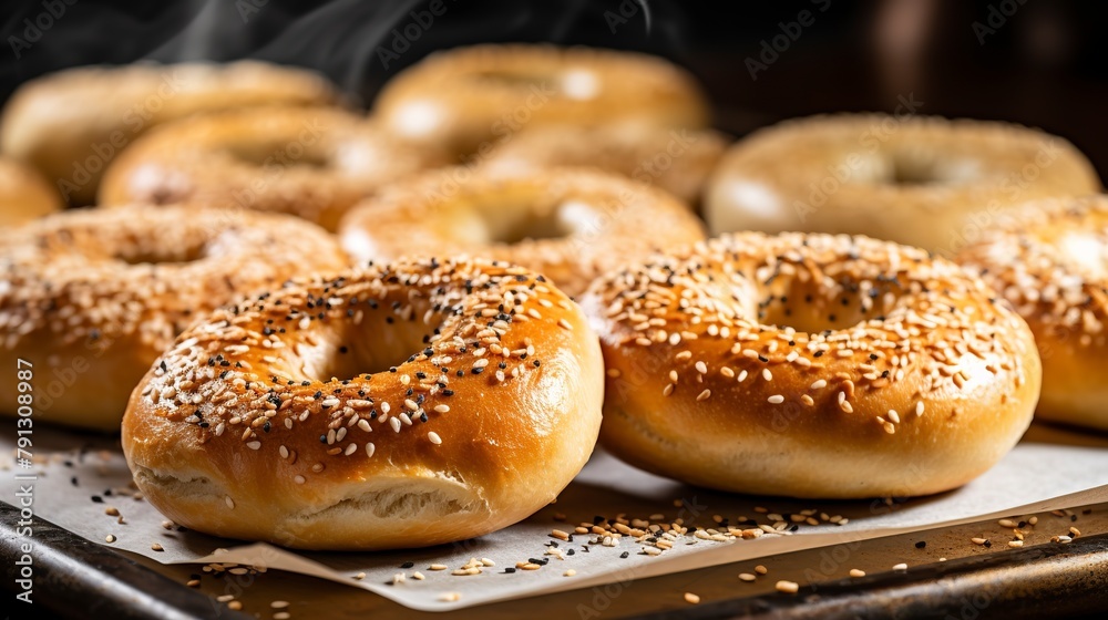Plain bagels, close-up, perfect for sandwiches, with a shiny, chewy exterior and soft, warm inside, on a baking sheet. 