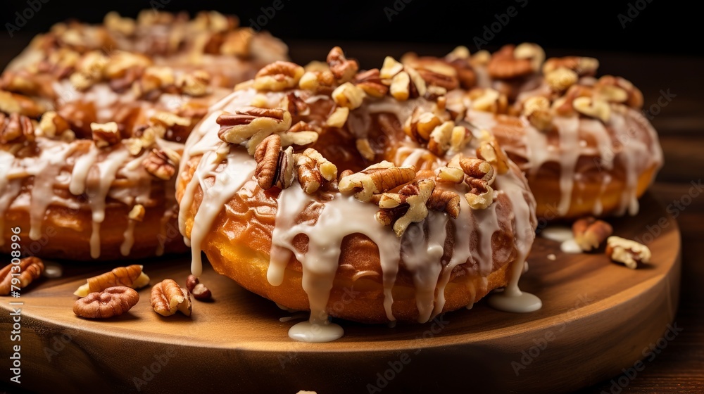 Close-up of maple glazed doughnuts with crunchy pecan topping, on a wooden slab, embodying autumn flavors. 