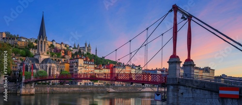 Famous red footbridge morning lyon