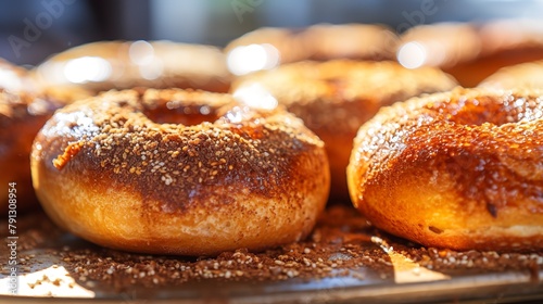 Close-up of cinnamon sugar bagels  showcasing the sugary crust and warm  spicy aroma  in a sunlit bakery window. 
