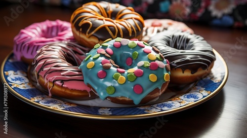 A variety of filled doughnuts, close-up, with a focus on the creamy fillings oozing out, on a colorful, patterned plate.