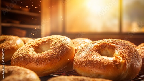 Close-up of cinnamon sugar bagels, showcasing the sugary crust and warm, spicy aroma, in a sunlit bakery window.  photo